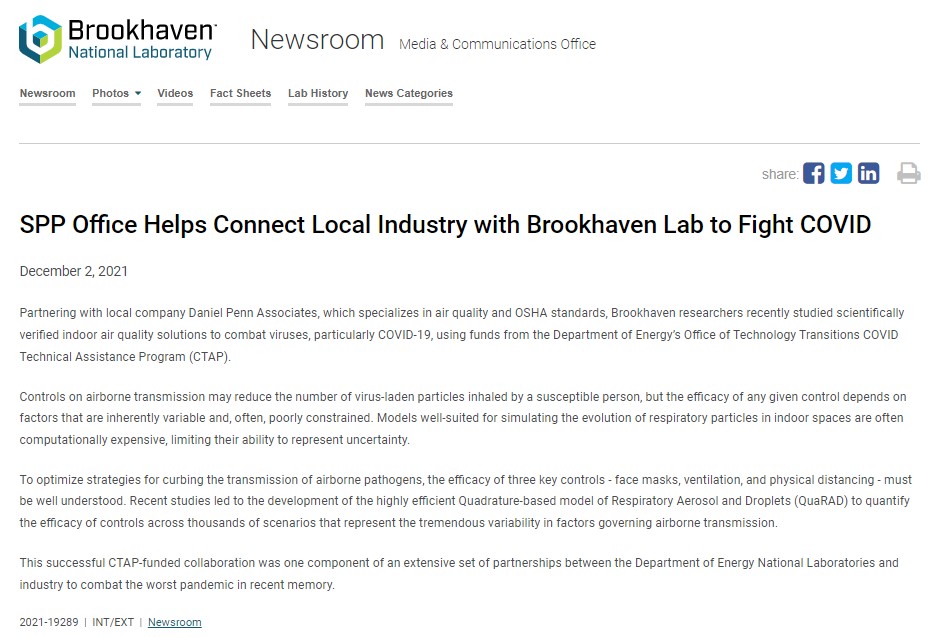 SPP Office Helps Connect Local Industry with Brookhaven Lab to Fight COVID