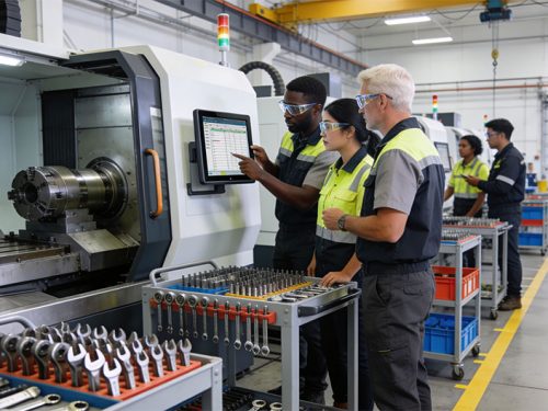 Three people looking at the set-up screen on a machine to eliminate waste.