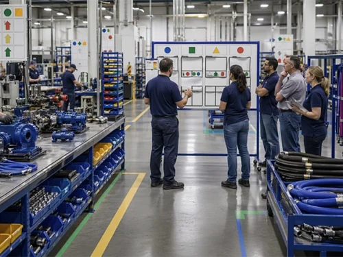 Group of workers in a plant looking at a board.
